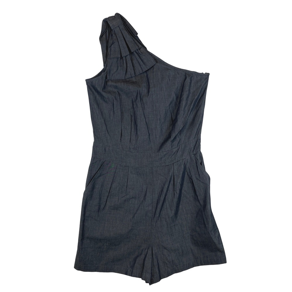 The Limited Womens One Shoulder Ruffle Denim Romper Dark Wash Blue Size M
